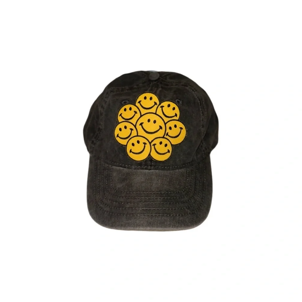 Grey Baseball Hat W/ Smiley Faces Patch
